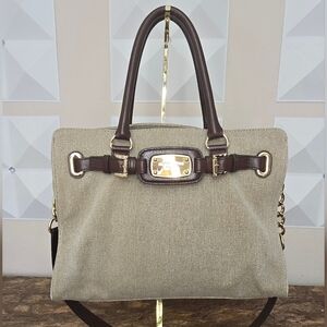 Michael Kors Hamilton Canvas & Leather Satchel Beige Brown Shoulder Bag